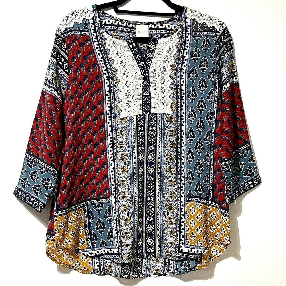 Blair Womens Boho Patchwork Tunic Top M Multicolor Rayon/Spandex